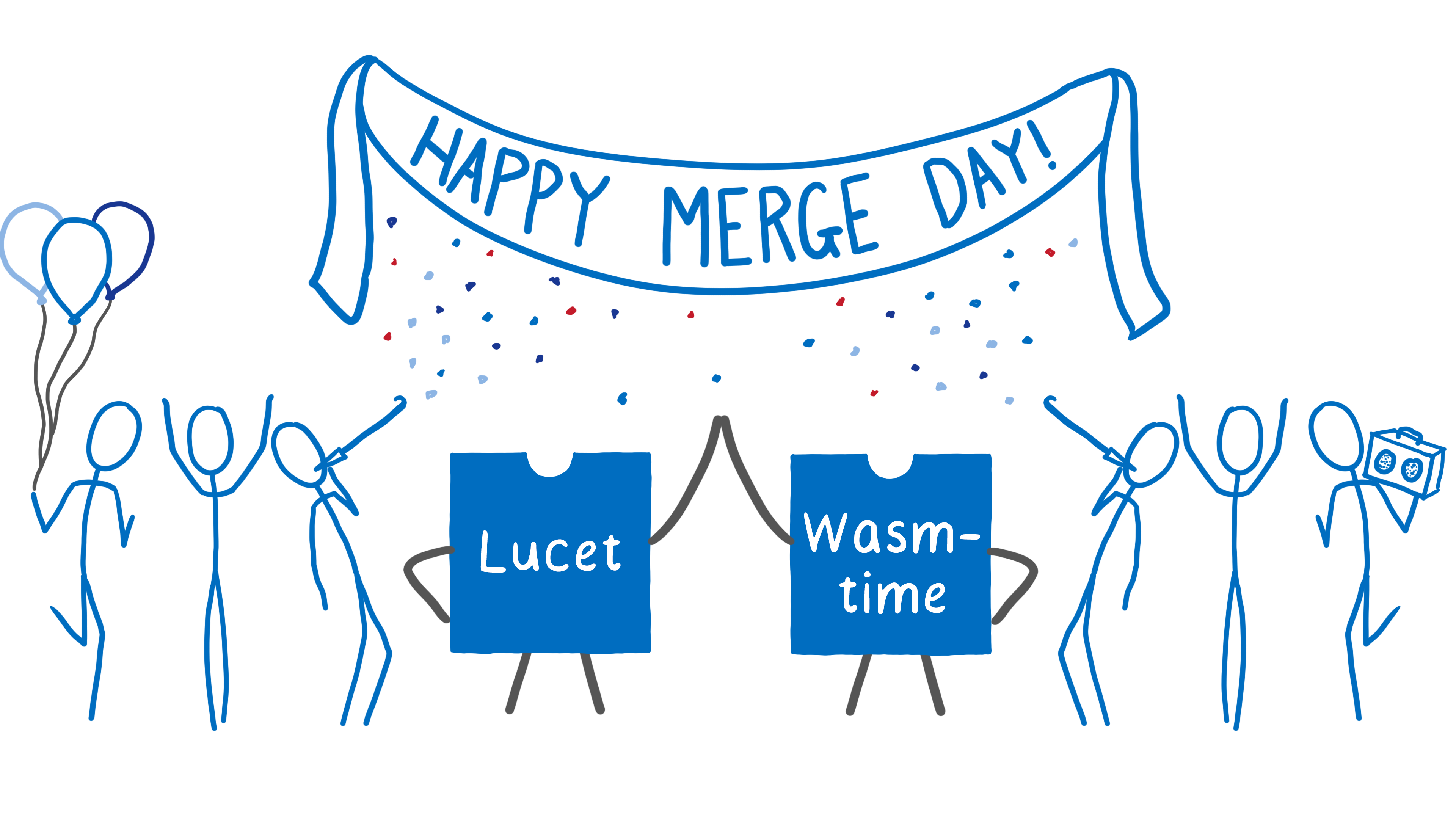 "Lucet and Wastime high fiving under a Happy Merge Day banner, while engineers party around them"